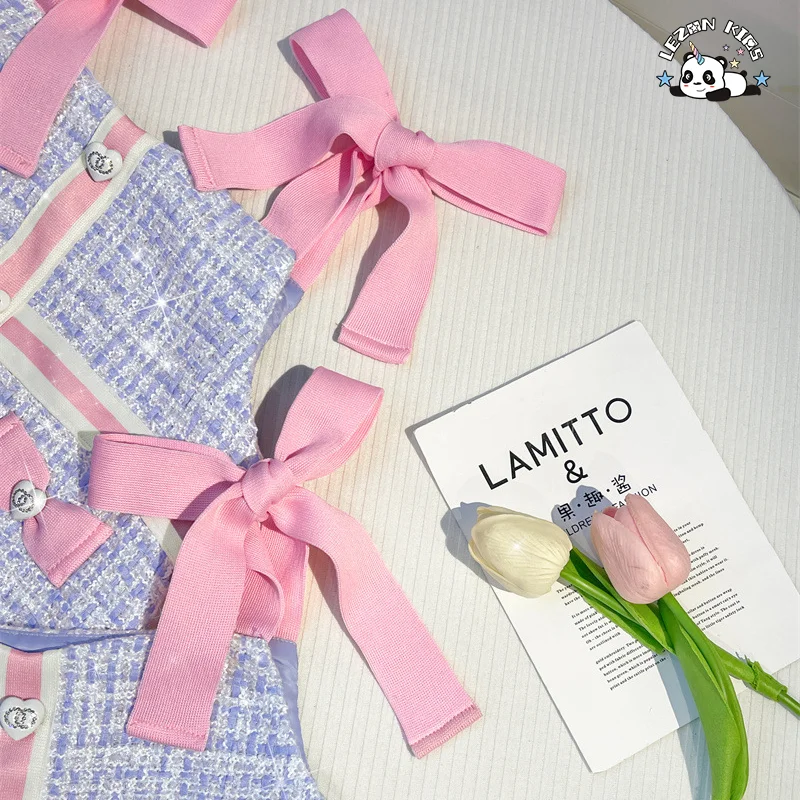 LEZONKIDS - Customized Autumn Girls Dress Little Fragrance Sundress Sweet Mesh Bow Princess 2-Pieces Set